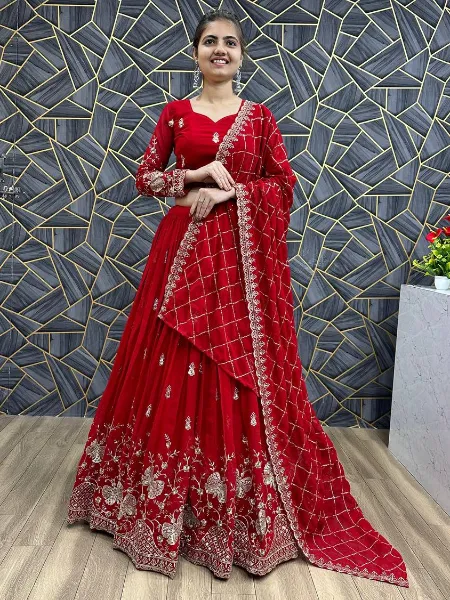 Red Lehenga Choli With Readymade Blouse in Georgette Indian Wedding Lehenga