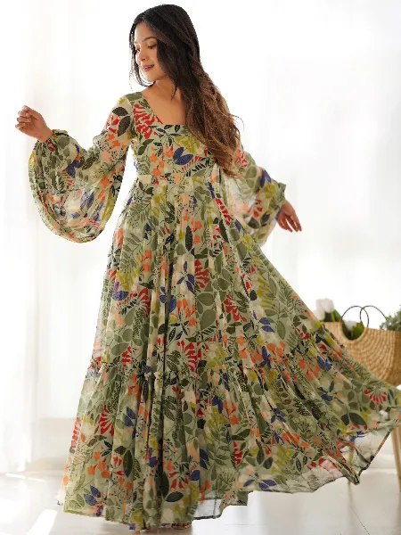 Multi Color Pure Soft Georgette Gown With Floral Digital Print and 6 Meter Flair