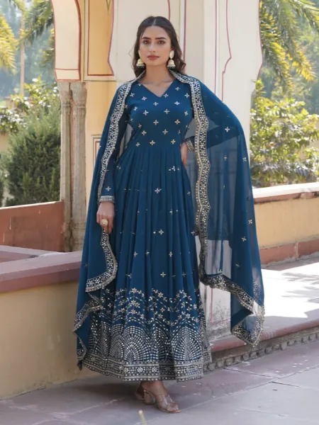Rama Color Gown in Georgette With Sequence Embroidery Work Indian Gown