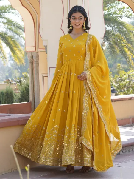 Yellow Color Gown in Georgette With Sequence Embroidery Work Indian Gown