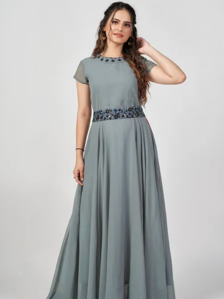 Grey Designer Party Wear Gown With Sequence Embroidery Ready to Wear Gown