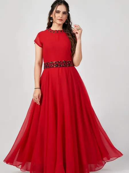 Red Designer Party Wear Gown With Sequence Embroidery Ready to Wear Gown