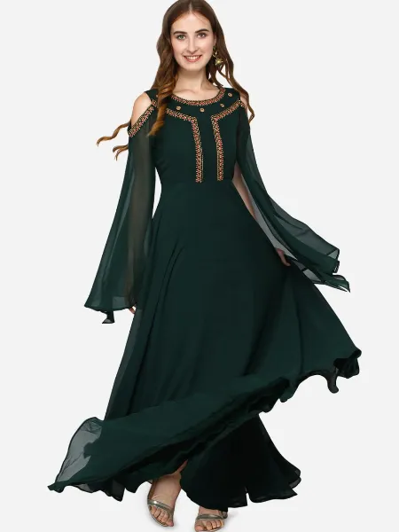 Green Party Wear Gown With Embroidery Ready to Wear Gown With Fancy Sleeves