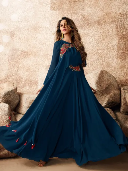 Blue Party Wear Gown With Embroidery Ready to Wear Gown With Fancy Sleeves