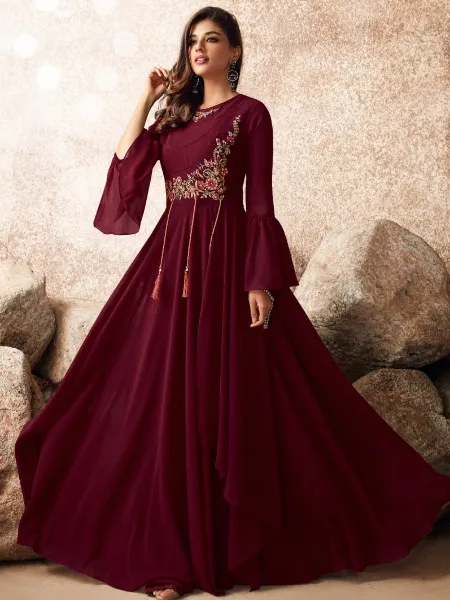 Maroon Party Wear Gown With Embroidery Ready to Wear Gown With Fancy Sleeves