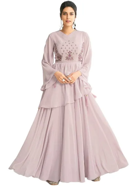 Lavender Party Wear Gown With Embroidery Ready to Wear Gown With Fancy Sleeves