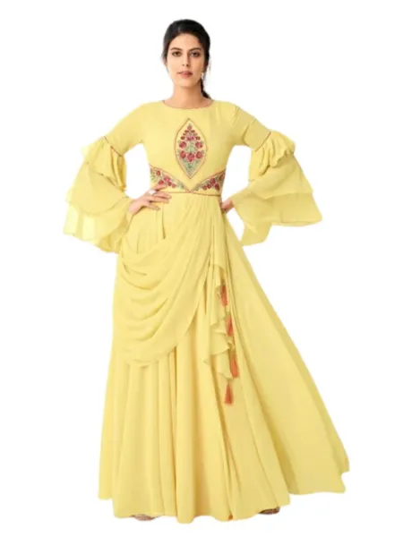 Yellow Party Wear Gown With Embroidery Ready to Wear Gown With Fancy Sleeves