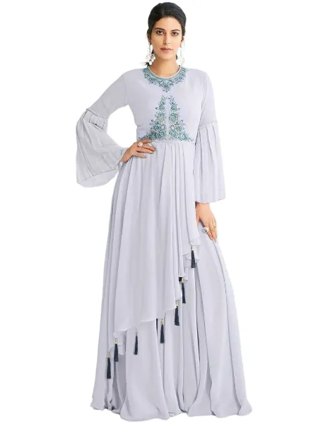 Sky Party Wear Gown With Embroidery Ready to Wear Gown With Fancy Sleeves