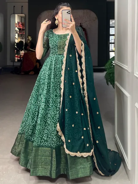 Green Ready to Wear Gown in Soft Chanderi Silk With Print and Weaving Border