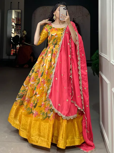 Yellow Ready to Wear Gown in Soft Chanderi Silk With Print and Weaving Border