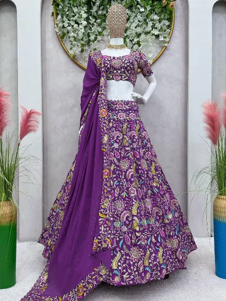 Purple Bridal Lehenga Choli With Heavy Colorful Thread and Sequins Embroidery