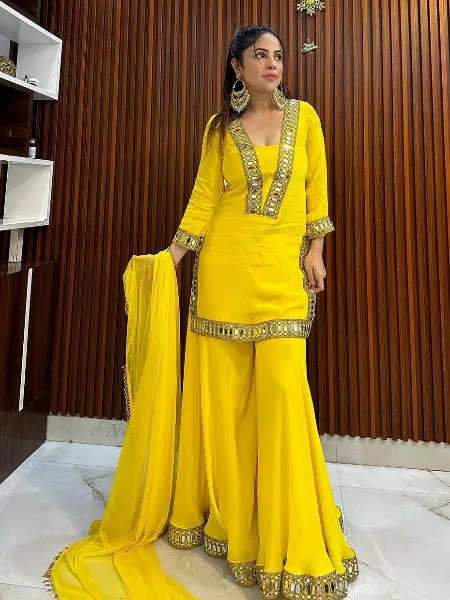 Haldi Ceremony Sharara With Real Mirror and Embroidery Work in Georgette