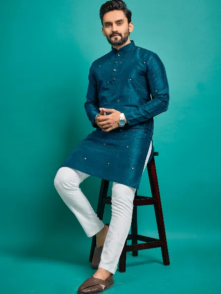 Men's Kurta Pajama Set in Rama Color Parbon Silk With Badla and Embroidery