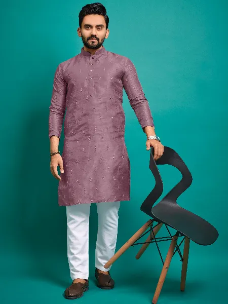 Men's Kurta Pajama Set in Onion Color Parbon Silk With Badla and Embroidery