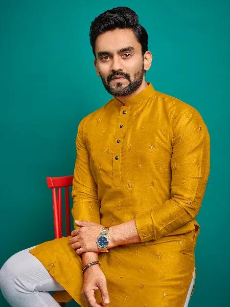 Men's Kurta Pajama Set in Yellow Color Parbon Silk With Badla and Embroidery