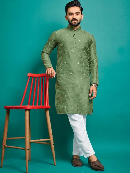Men's Kurta Pajama Set in Pista Color Parbon Silk With Badla and Embroidery