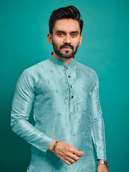 Men's Kurta Pajama Set in Sky Color Parbon Silk With Badla and Embroidery