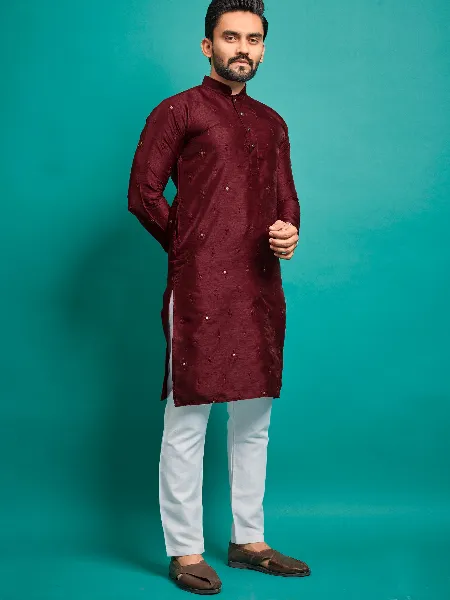Men's Kurta Pajama Set in Maroon Color Parbon Silk With Badla and Embroidery