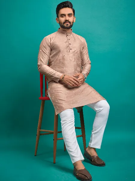 Men's Kurta Pajama Set in Peach Color Parbon Silk With Badla and Embroidery