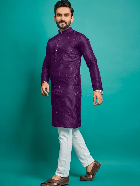 Men's Kurta Pajama Set in Purple Color Parbon Silk With Badla and Embroidery