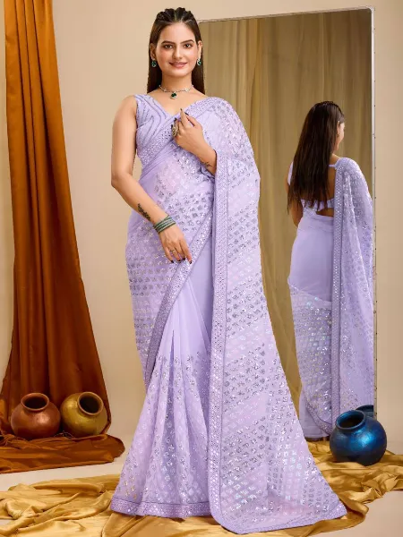 Lavender Color Sequence Saree for Party Wear Saree in Georgette With Sequence