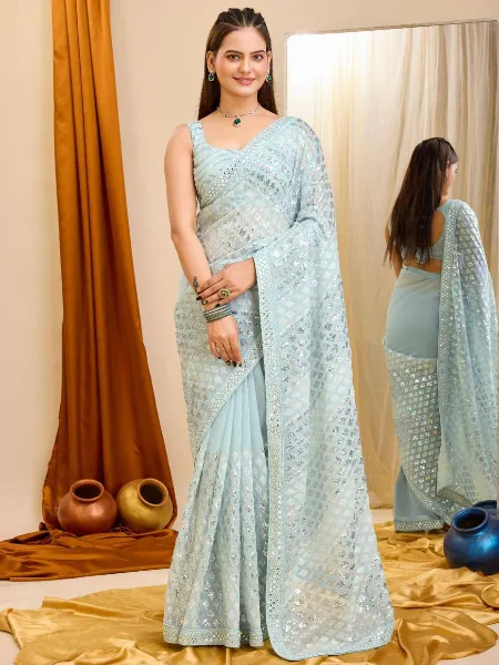 Sky Color Sequence Saree for Party Wear Saree in Georgette With Sequence