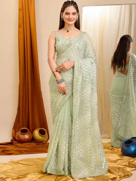 Pista Color Sequence Saree for Party Wear Saree in Georgette With Sequence