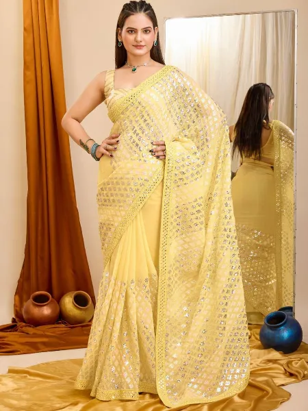Yellow Color Sequence Saree for Party Wear Saree in Georgette With Sequence