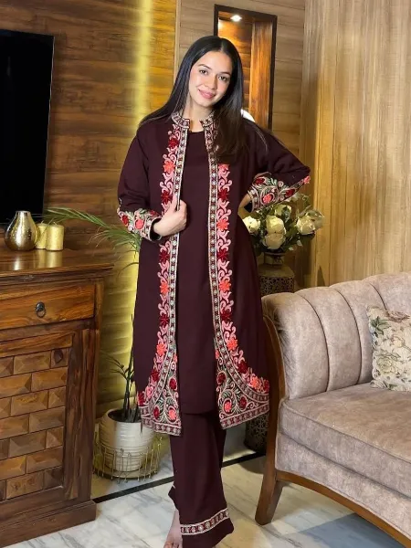Maroon Color Kurti With Pant in Rayon With Designer Embroidery Work Shrug