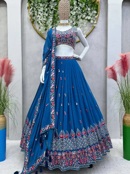 Blue Color Wedding Lehenga Choli With Heavy Thread Embroidery and Sequins Work