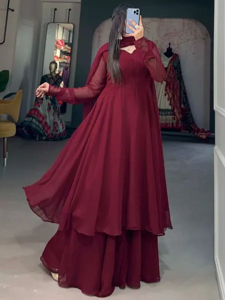 Maroon Color Kurti Palazzo and Dupatta Set in Georgette Ready to Wear Suit