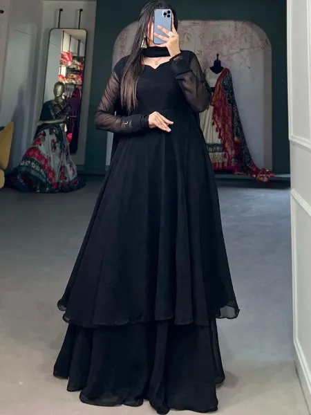 Black Color Kurti Palazzo and Dupatta Set in Georgette Ready to Wear Suit