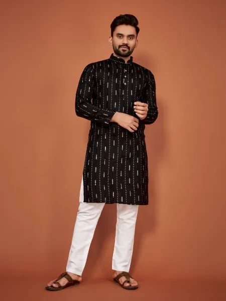 Black Traditional Men's Kurta Pajama in Cotton With Sequence and Embroidery