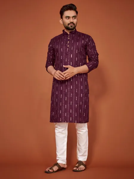 Wine Traditional Men's Kurta Pajama in Cotton With Sequence and Embroidery
