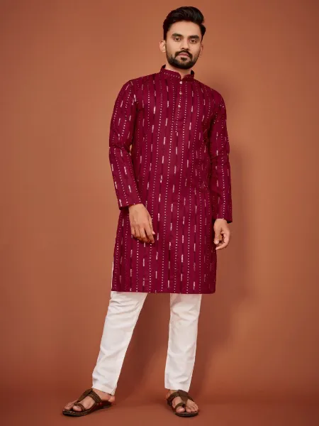 Maroon Traditional Men's Kurta Pajama in Cotton With Sequence and Embroidery