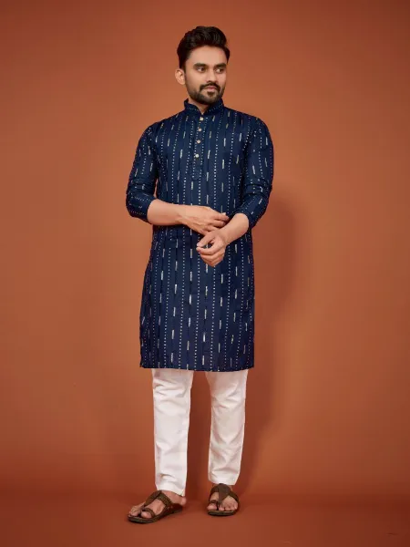 Blue Traditional Men's Kurta Pajama in Cotton With Sequence and Embroidery