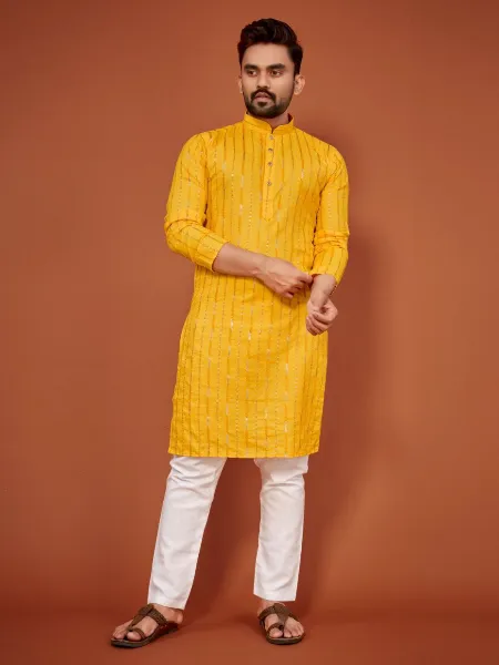 Yellow Traditional Men's Kurta Pajama in Cotton With Sequence and Embroidery