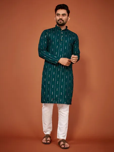 Green Traditional Men's Kurta Pajama in Cotton With Sequence and Embroidery