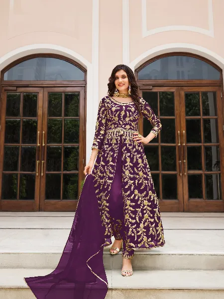 Purple Color Wedding Anarkali in Net With Heavy Embroidery Abaya Style Suit