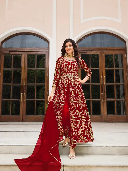Red Color Wedding Anarkali in Net With Heavy Embroidery Abaya Style Suit