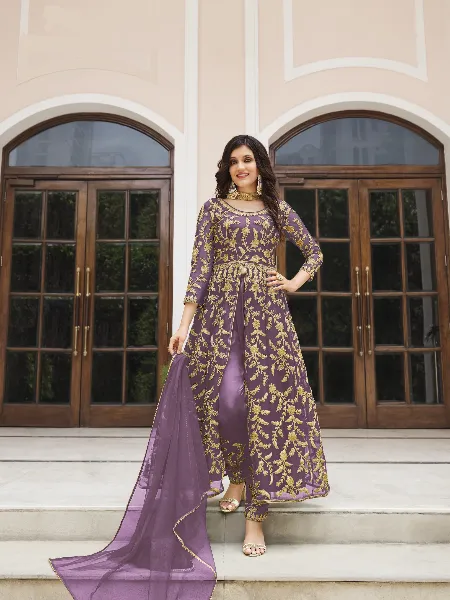 Lavender Color Wedding Anarkali in Net With Heavy Embroidery Abaya Style Suit