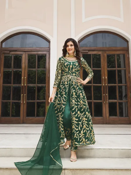 Green Color Wedding Anarkali in Net With Heavy Embroidery Abaya Style Suit