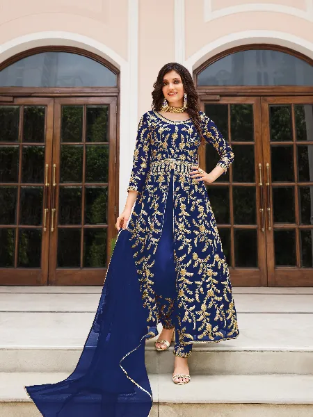 Blue Color Wedding Anarkali in Net With Heavy Embroidery Abaya Style Suit