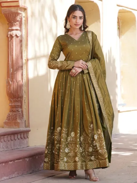 Reception Gown in Mehendi Color Viscous With Sequence and Zari Embroidery