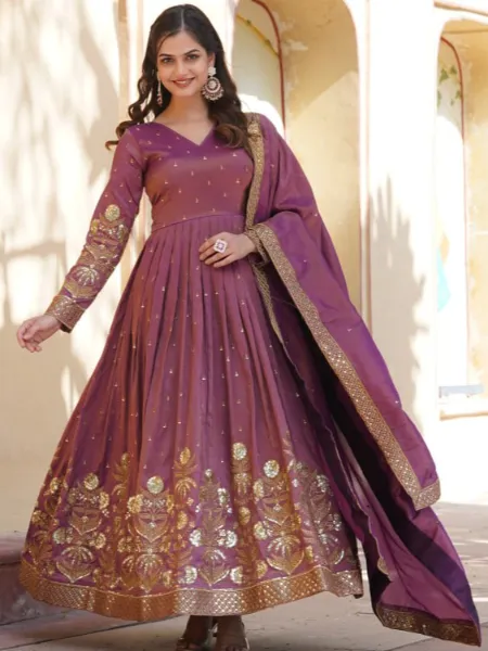 Reception Gown in Onion Color Viscous With Sequence and Zari Embroidery