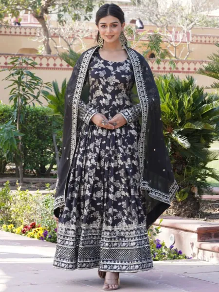 Black Designer Gown With Dupatta in Viscous With Sequins and Weaving Work