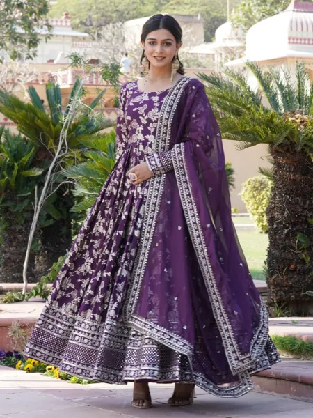 Wine Designer Gown With Dupatta in Viscous With Sequins and Weaving Work