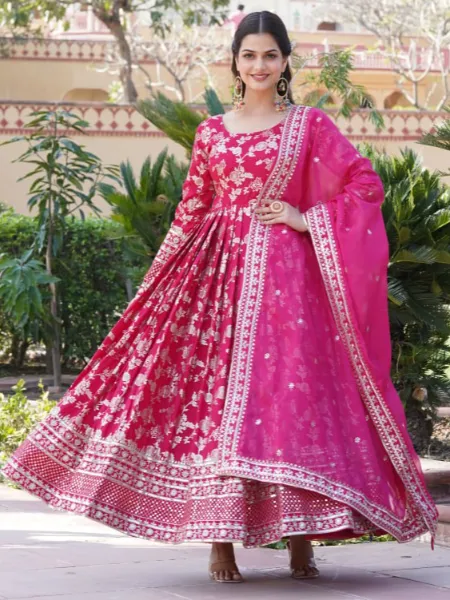 Pink Designer Gown With Dupatta in Viscous With Sequins and Weaving Work