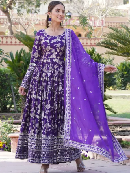Purple Designer Gown With Dupatta in Viscous With Sequins and Weaving Work