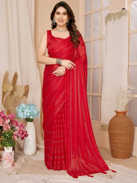 Red Color Ready to Wear Saree in Rimzim Silk With Zari Work and Blouse